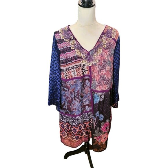 Soft Surroundings Boho Purple Dress with Embroidery Long Sheer Sleeves Loose Fit - Picture 1 of 5